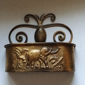 Vintage Gold Patina Metal Elephant Decor Planter Wall Pocket